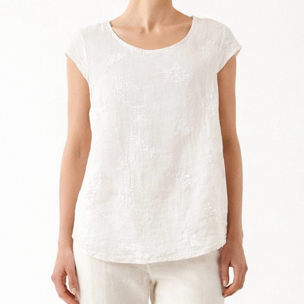 100% Linen White Embroidered Women's Short Sleeve Blouse Small
